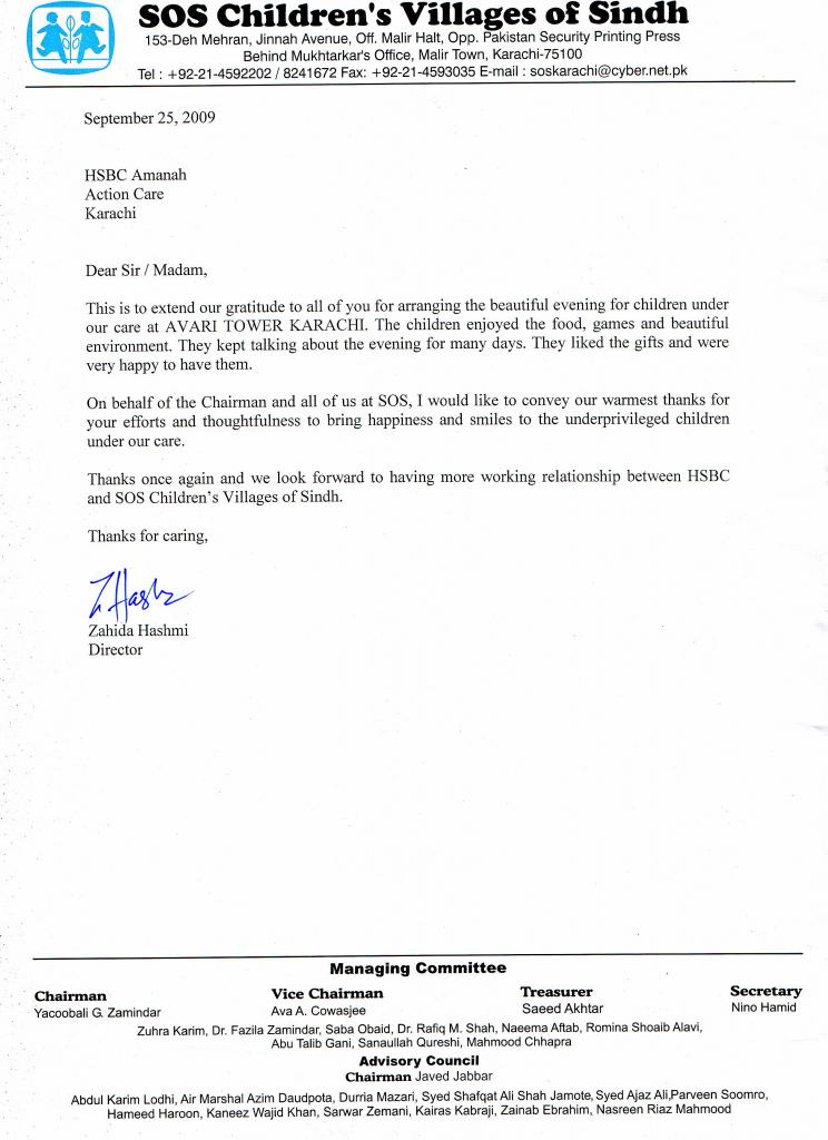 Appreciation letter from SOS (Sept 2009)